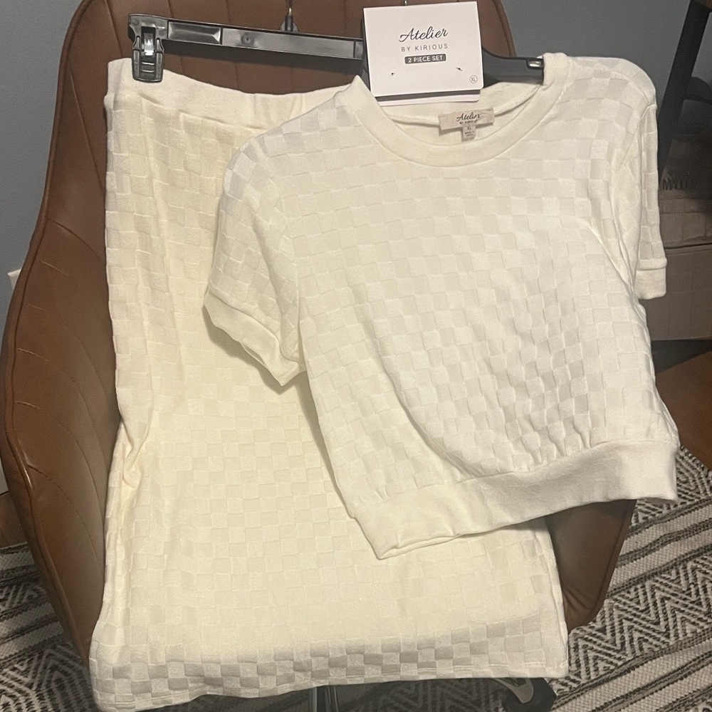 Elegant White Midi Skirt and shirt set. Sweater like material. Never worn